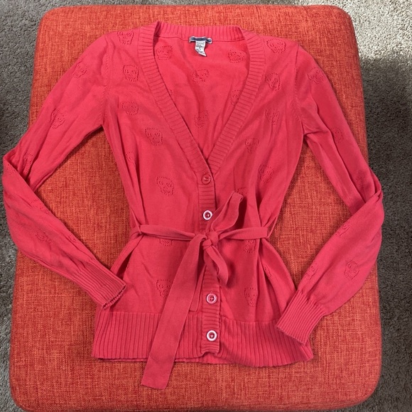 Vintage Sweaters - Y2K Watermelon Hot Pink Skull Knit Cardigan Sweater